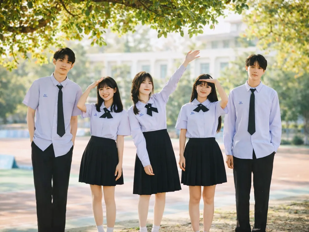 นักเรียนมัธยมปลายในชุดยูนิฟอร์มโรงเรียนจีน ถ่ายภาพร่วมกันในสนามกีฬา