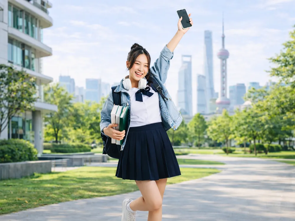 นักเรียนหญิงในชุดยูนิฟอร์มถือหนังสือและสมาร์ทโฟน ยืนในสวนสาธารณะเซี่ยงไฮ้ พร้อมตึก Oriental Pearl Tower ด้านหลัง
