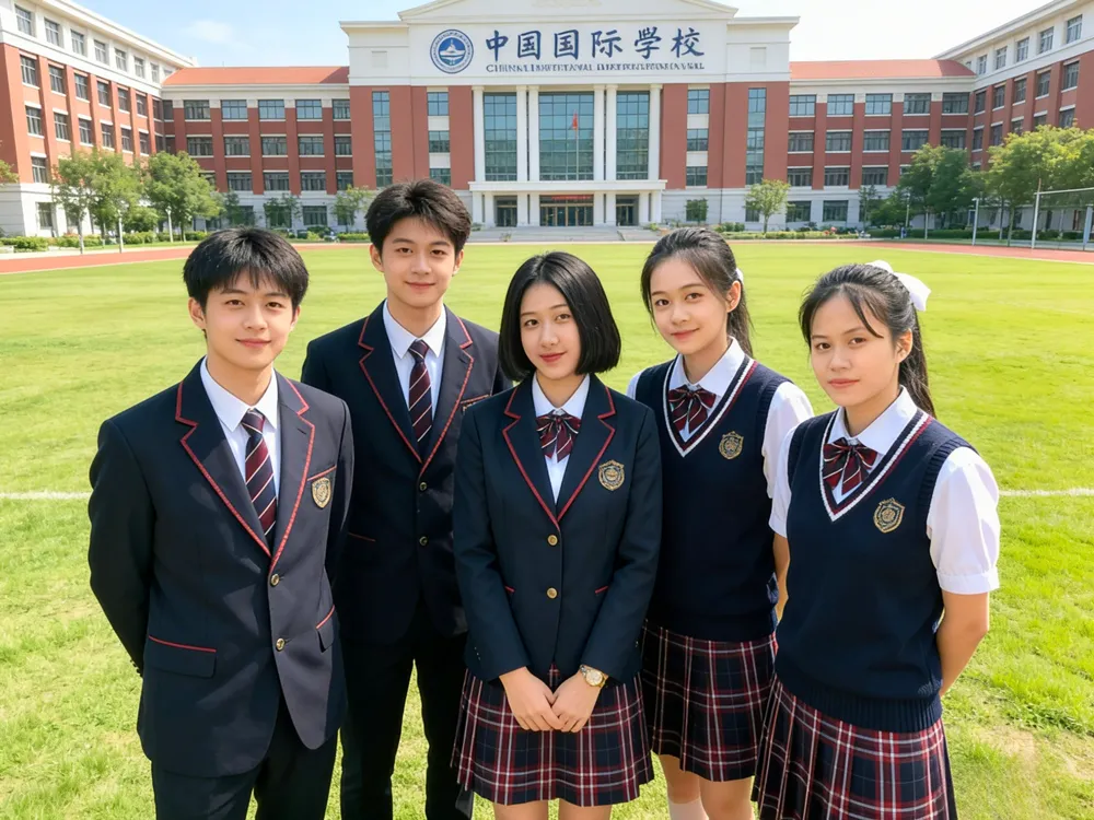 นักเรียนในชุดยูนิฟอร์มยืนหน้าตึก China International School สื่อถึงความร่วมมือด้านการศึกษา