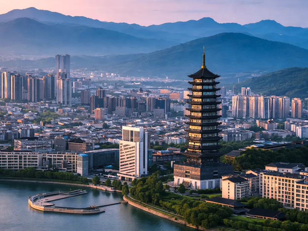 วิวเมืองจูจี้ Zhuji พร้อมเจดีย์จีนโบราณท่ามกลางตึกสมัยใหม่และภูเขาเขียว
