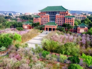 อาคารหลักของ South China Agricultural University เมืองกว่างโจว สถาปัตยกรรมจีนดั้งเดิมหลังคากระเบื้องสีเขียว รายล้อมด้วยต้นไม้และดอกไม้บานในฤดูใบไม้ผลิ