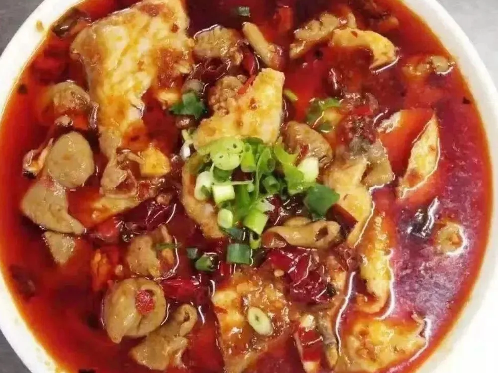 ชามซุปปลาต้มสไตล์เสฉวนของ South China Agricultural University น้ำซุปสีแดงเข้มโรยพริกแห้งและต้นหอม