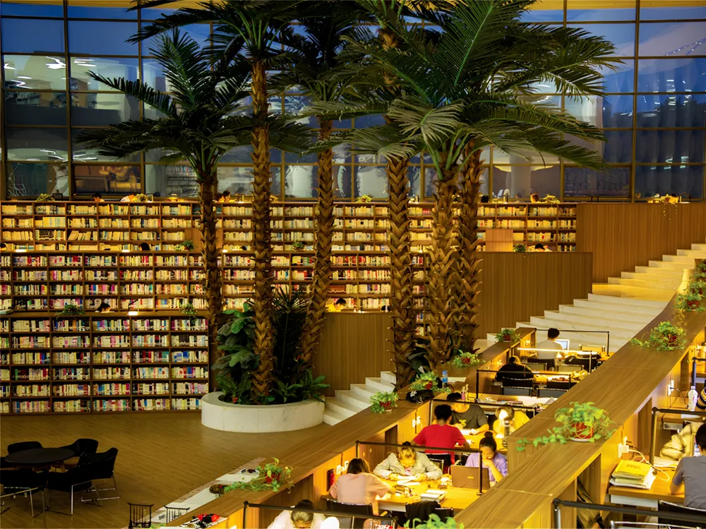 ห้องสมุด Crystal Palace Library ภายใน Shenyang City University ตกแต่งด้วยต้นปาล์มและชั้นหนังสือสูง