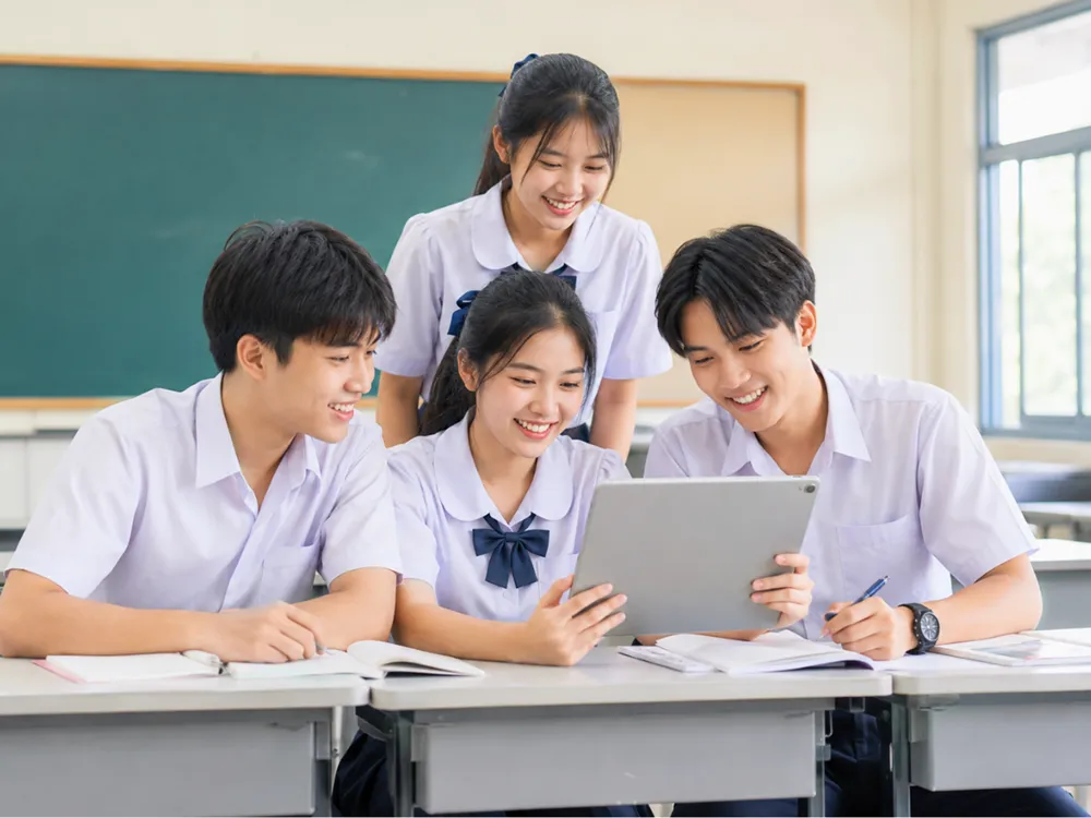 นักเรียนสี่คนในห้องเรียน ร่วมกันดูแท็บเล็ตและจดบันทึก เตรียมสอบ CSCA Math
